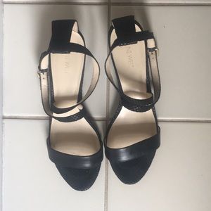 Nine West Black Leather Wedge Sandals